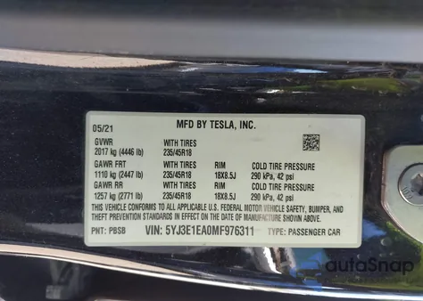 2021 Tesla Model 3 Standard Range Plus Rear-Wheel Drive из США, поврежденный, VIN 5YJ3E1EA0MF976311